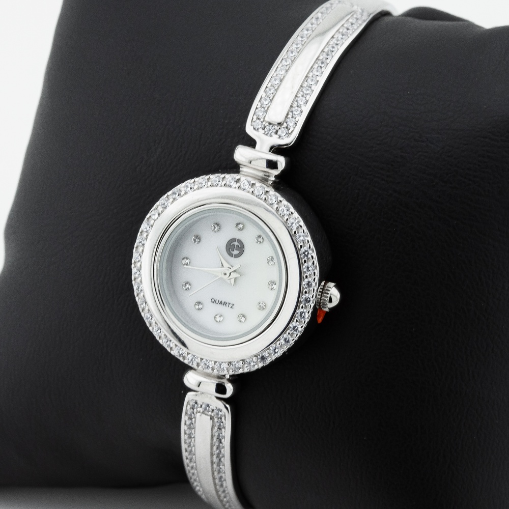 Серебряные часы женские с белыми фианитами (круглые) watch021, Белый