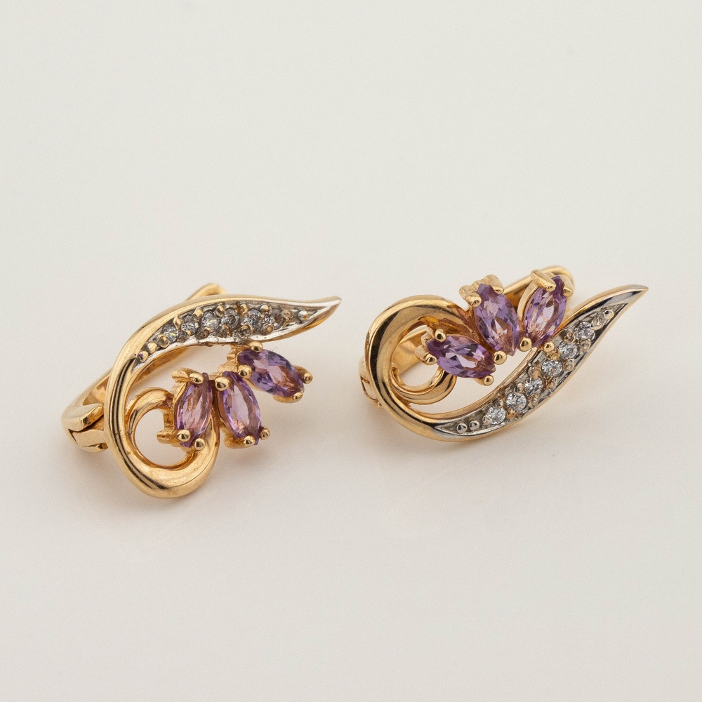 Золоті сережки Гілочка з аметистами та фіанітами класичні 12724am, Фіолетовий