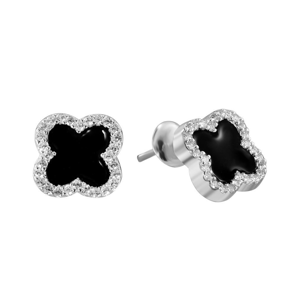 Серебряные серьги-пусеты (гвоздики) Клевер черный с белыми фианитами c23105-H, Черный