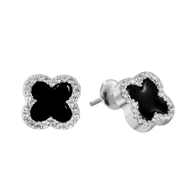 Серебряные серьги-пусеты (гвоздики) Клевер черный с белыми фианитами c23105-H, Черный