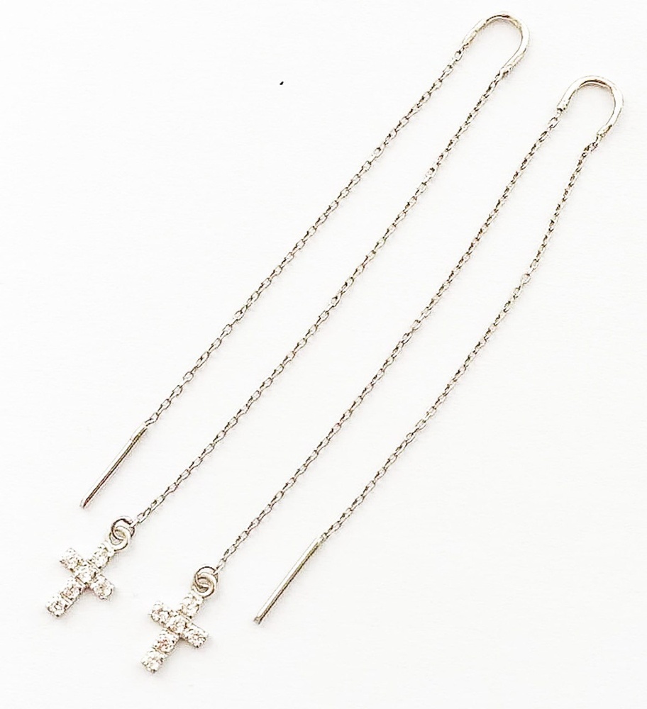 Срібні сережки-протяжки ланцюжки довгі Хрестик білий з фіанітами c23171-Н, Білий