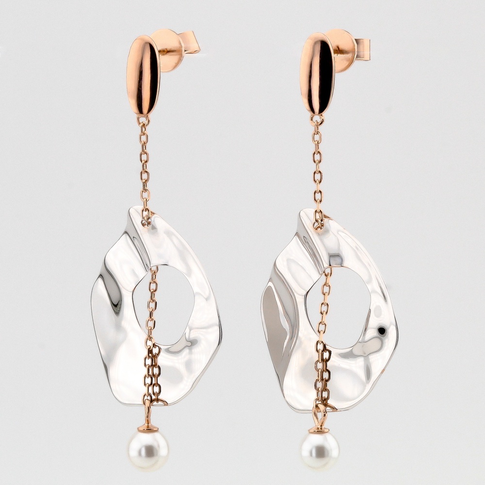Серебряные серьги-висюльки цепочки стилизованные им. жемчуга с розовой позолотой C121337, Белый