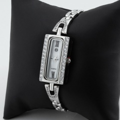 Срібний годинник жіночий прямокутний з білими фіанітами watch026, Білий