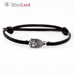 Кожаный браслет-шнурок с серебром с серебряной совой EJ Owl 4011/Ejb чёрный