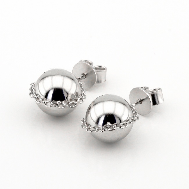 Серебряные серьги-пусеты с шариком и цепочкой C121309