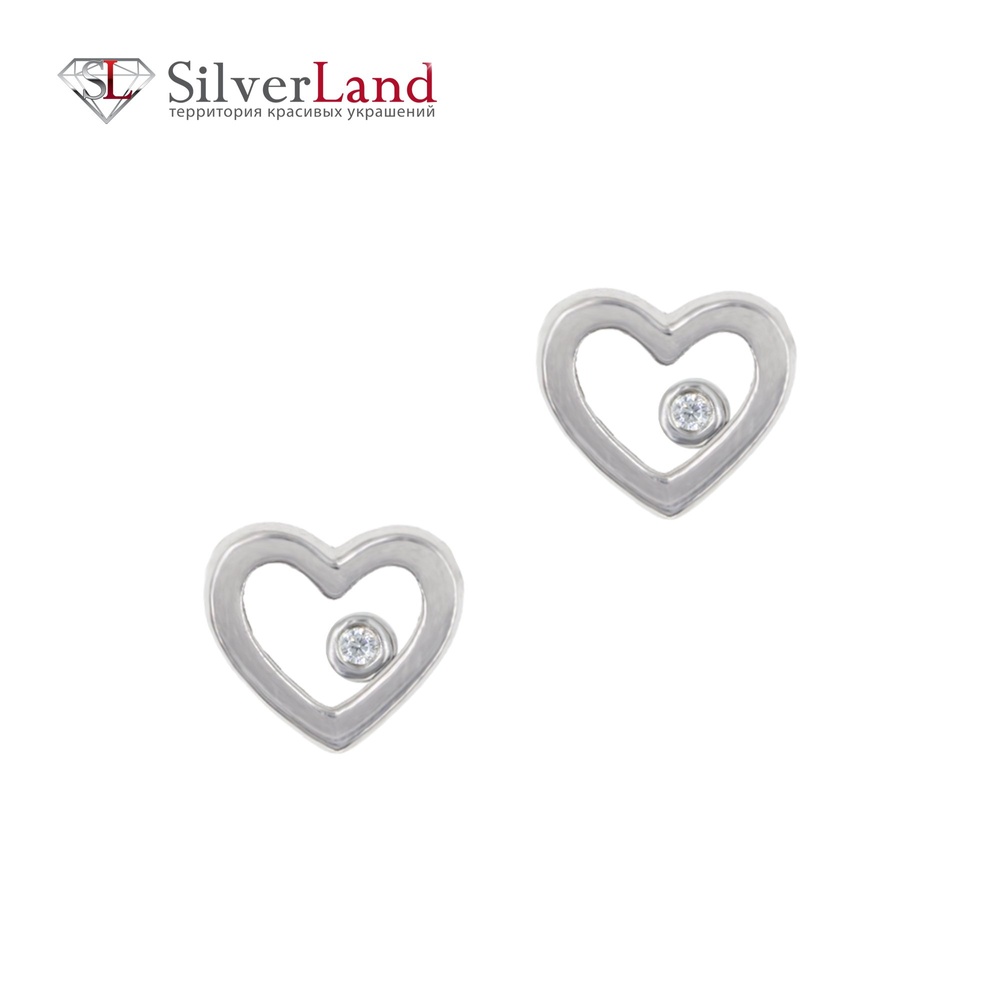 Срібні сережки-пусети "Наскрізне серце" з білим фіанітом Арт. msp206, Білий