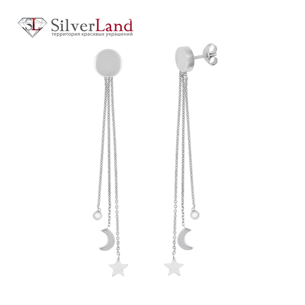 Срібні сережки-підвіски з ланцюжками "Місяць і Зірка" родовані msp210