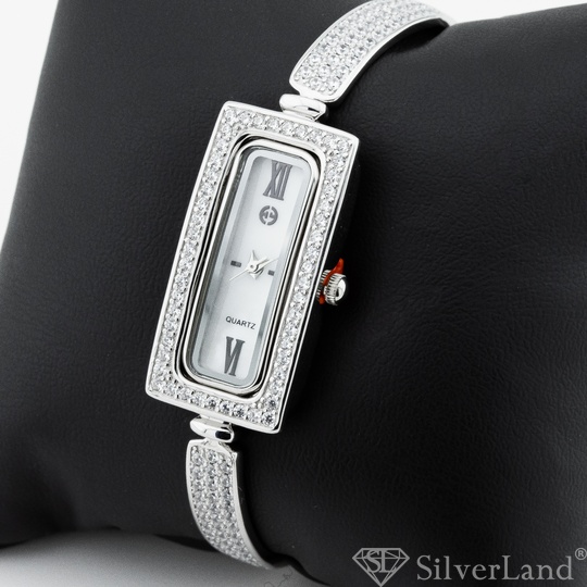 Серебряные часы женские прямоугольные с белыми фианитами watch020, Белый
