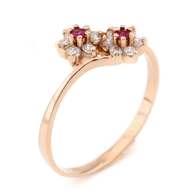 Золотое кольцо красное " Два цветочка" с розовыми фианитами КК11210, 18,5 размер, 18.5, Белый|Розовый