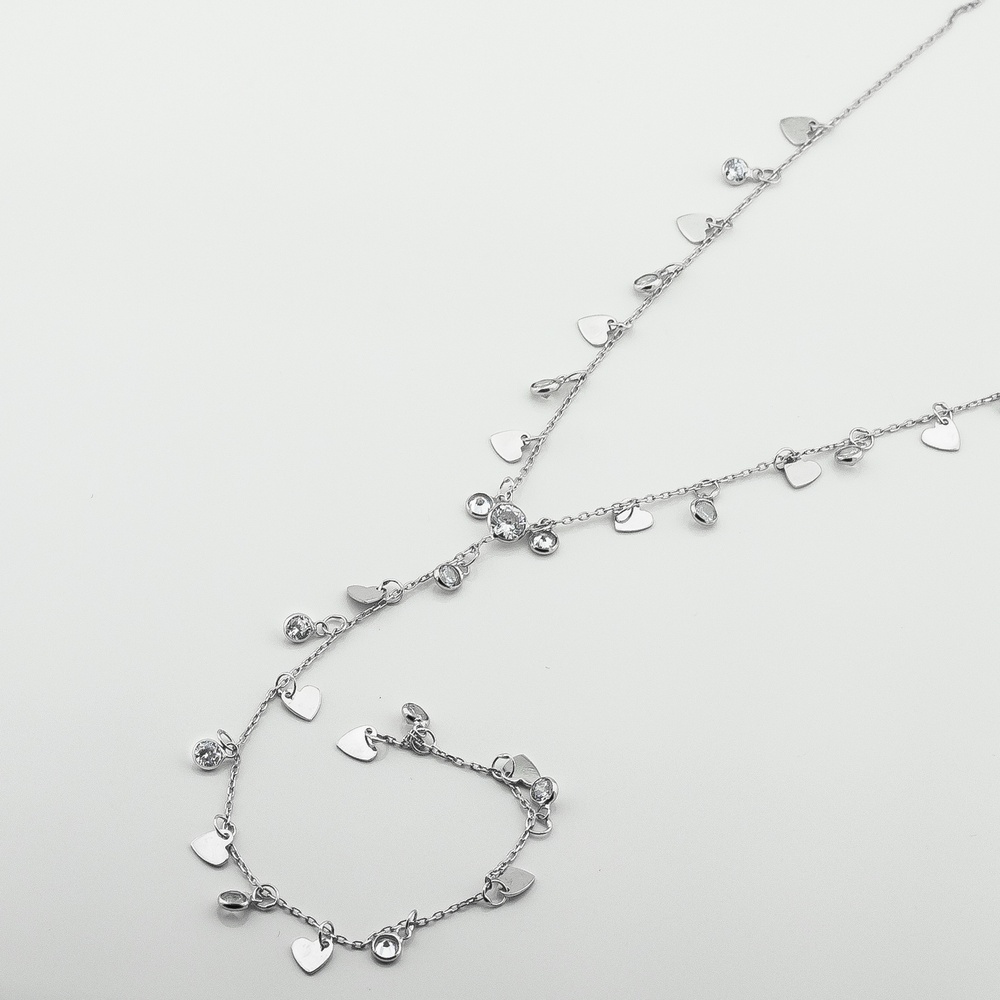 Срібне кольє-краватка з сердечками та фіанітами ko14709, 40 розмір