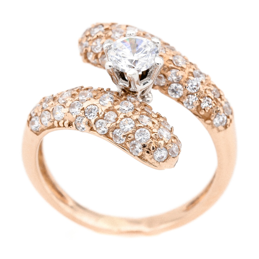 Золотое кольцо спираль с выступающим камнем с фианитами КК11100, 17,5 размер, 17-5, Белый