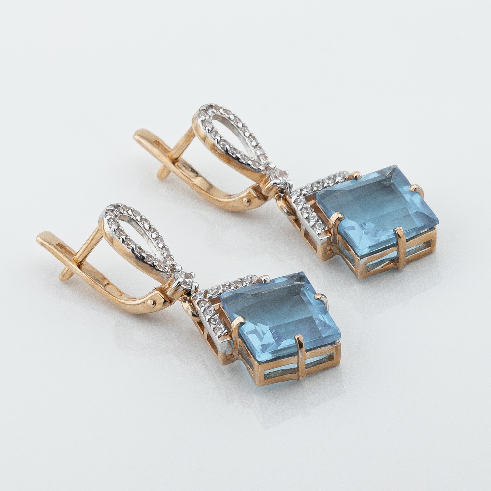 Золотые серьги-висюльки Ромбики с голубым синт. топазом 12950top