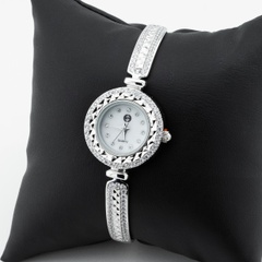 Срібний годинник жіночий круглий з білими фіанітами watch023, Білий