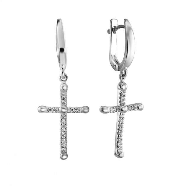 Срібні сережки-підвіски підвіски Хрестики з білими фіанітами c23192-Н, Білий