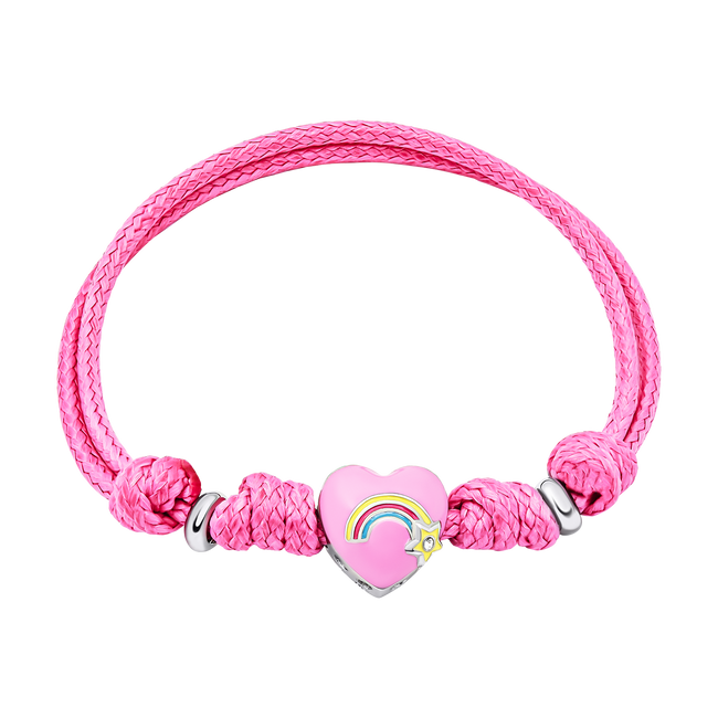 Детский браслет на шнурке Радужное сердце с розовой эмалью и фианитом розовый 4195828056110411, Розовый, Розовый, UmaUmi Magic