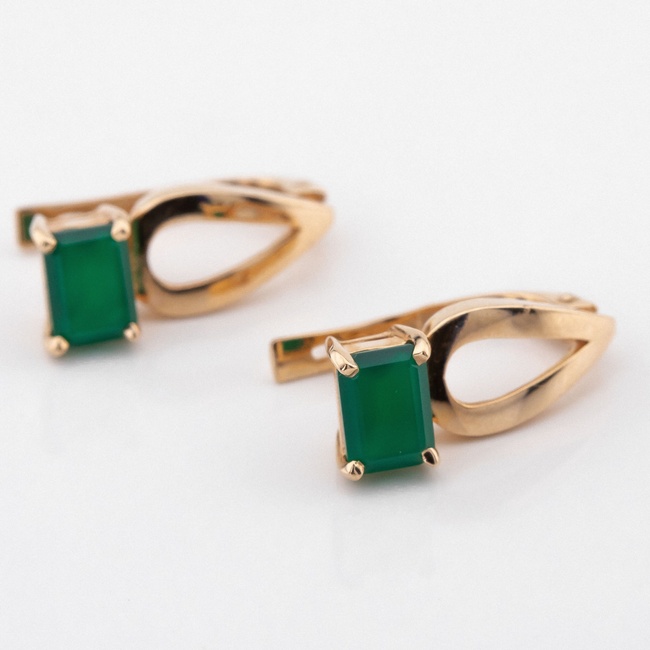 Золоті сережки класичні з зеленим оніксом октагон 12934go, Зелений