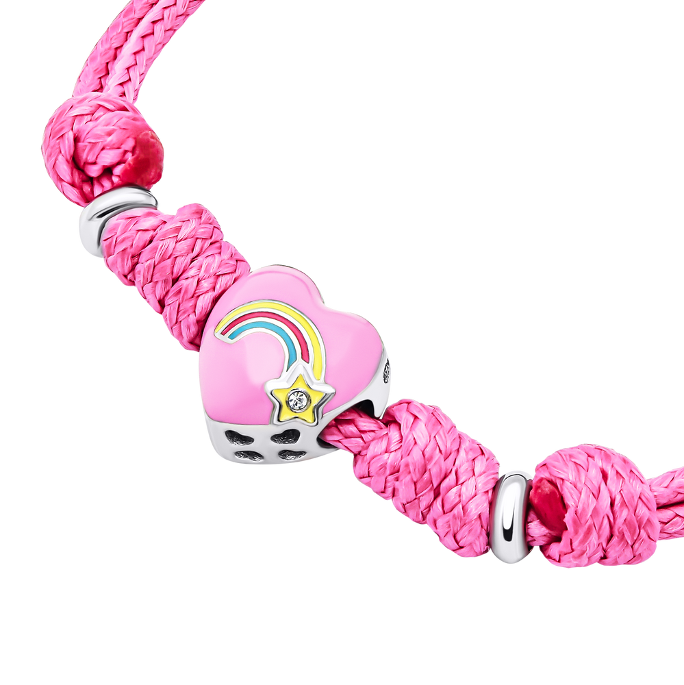 Детский браслет на шнурке Радужное сердце с розовой эмалью и фианитом розовый 4195828056110411, Розовый, Розовый, UmaUmi Magic