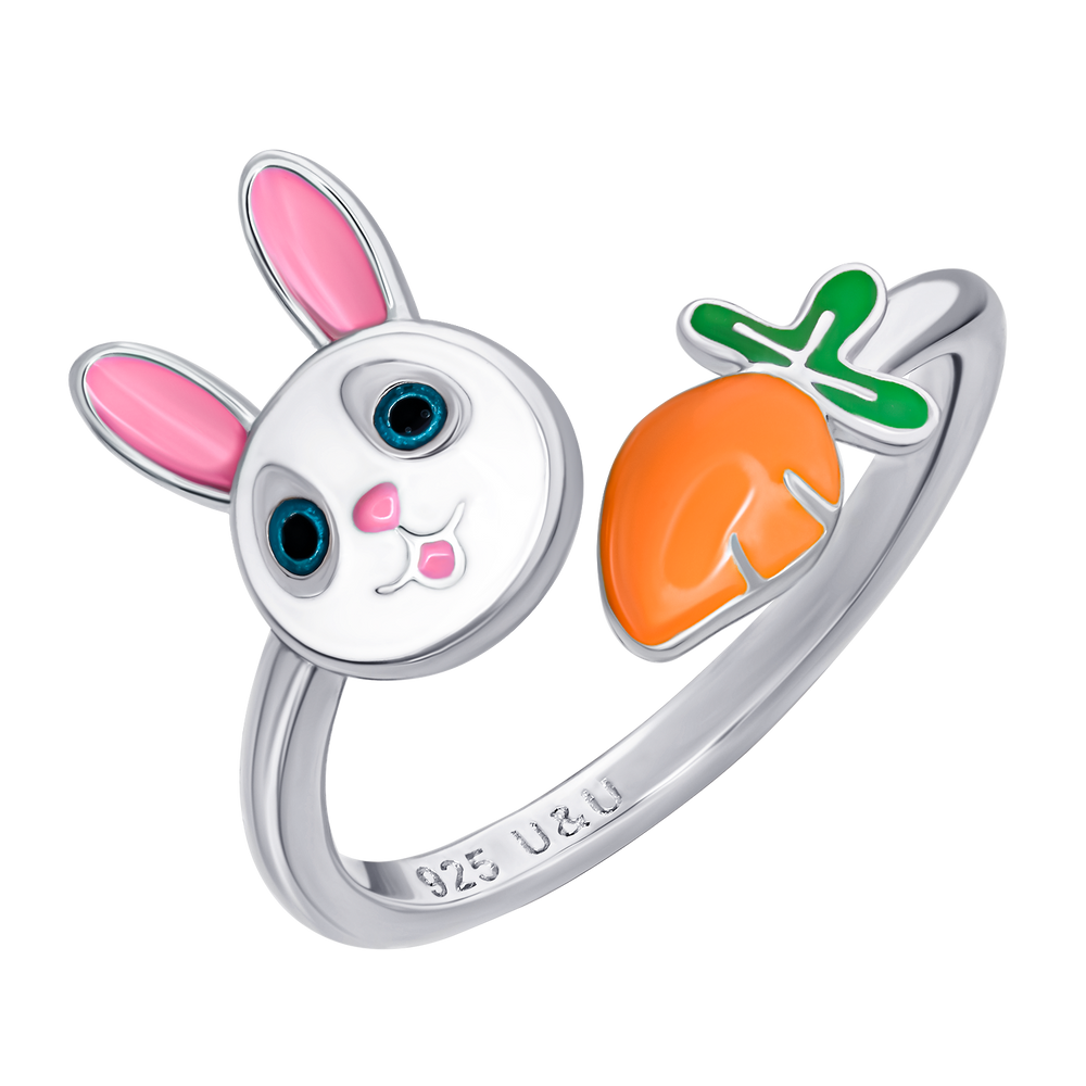 Детское кольцо Зайка с морковкой с бело-розовой и оранжевой эмалью 1195702006301701, Белый|Оранжевый, UmaUmi Zoo