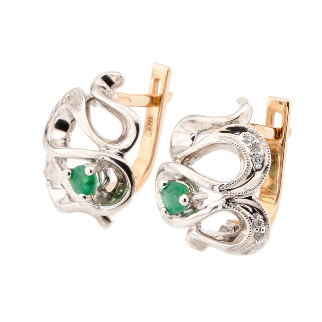 Золотые широкие фигурные серьги с изумрудами и бриллиантами KP10768, Зеленый|Белый