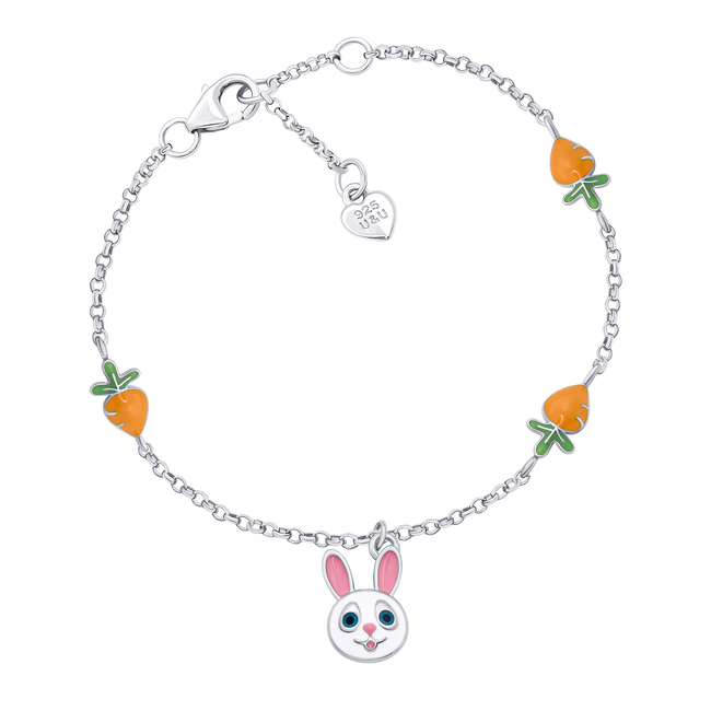 Детский браслет на цепочке Зайка с морковкой с бело-розовой и оранжевой эмалью 4195702096301201, Белый|Оранжевый, UmaUmi Zoo