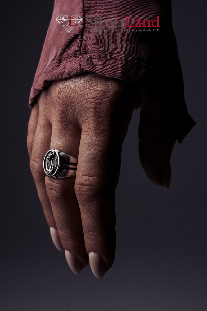 Серебряное кольцо перстень с якорем "EJ Skipper" в морском стиле в виде печатки Арт. 1067/EJ
