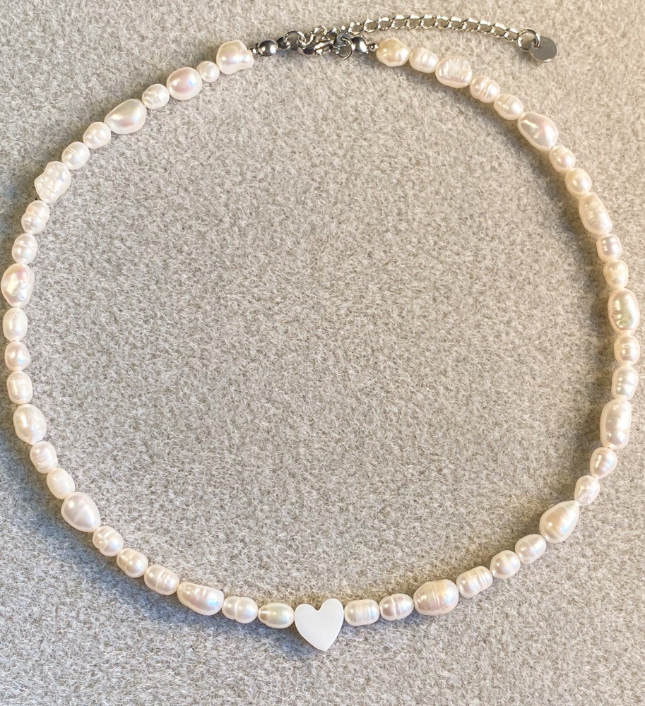 Кольє чокер із натуральними перлами Серце біле (бісквіт) kp4sl, Білий
