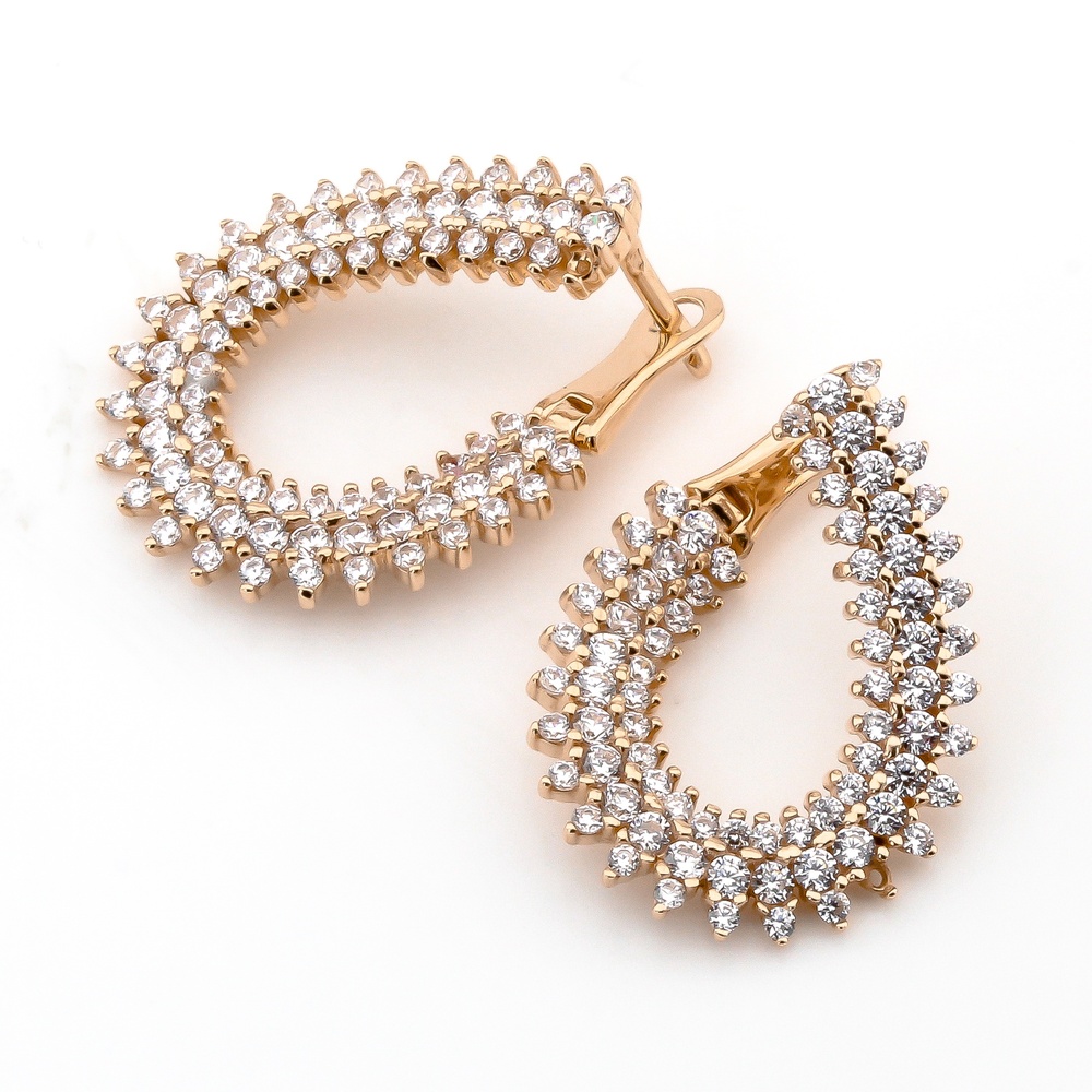 Золоті сережки-кільця Краплі з білими фіанітами C121211, Білий