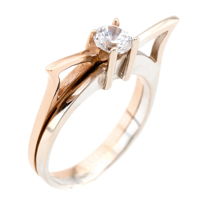 Выступающее золотое кольцо красное с белым фианитом КК11110, 17,5 размер, 17-5, Белый