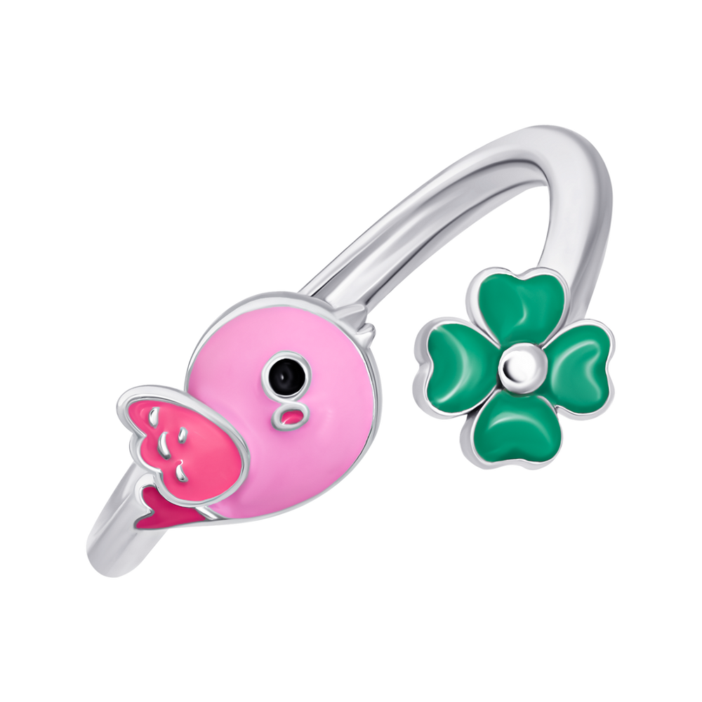 Детское кольцо Птичка с розовой и зеленой эмалью 1195823006111701, Розовый, UmaUmi Fly