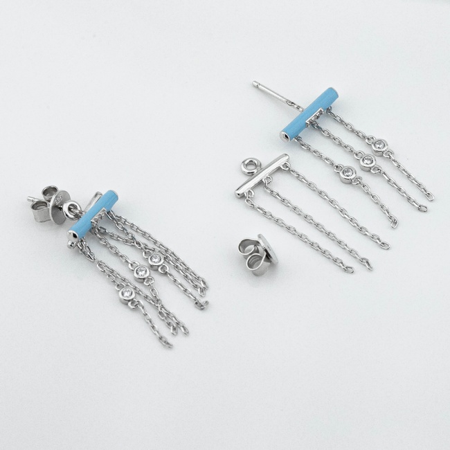Срібні сережки Ланцюжки з блакитною емаллю і фіанітами 3202072