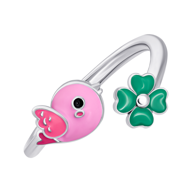 Детское кольцо Птичка с розовой и зеленой эмалью 1195823006111701, Розовый, UmaUmi Fly
