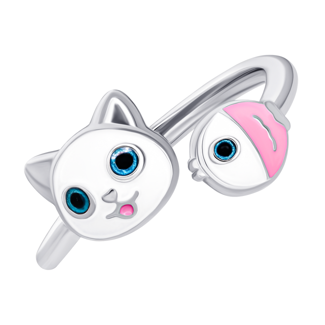 Детское кольцо Котик с рыбкой с белой и розовой эмалью 1195709006241701, Белый|Розовый, UmaUmi Zoo