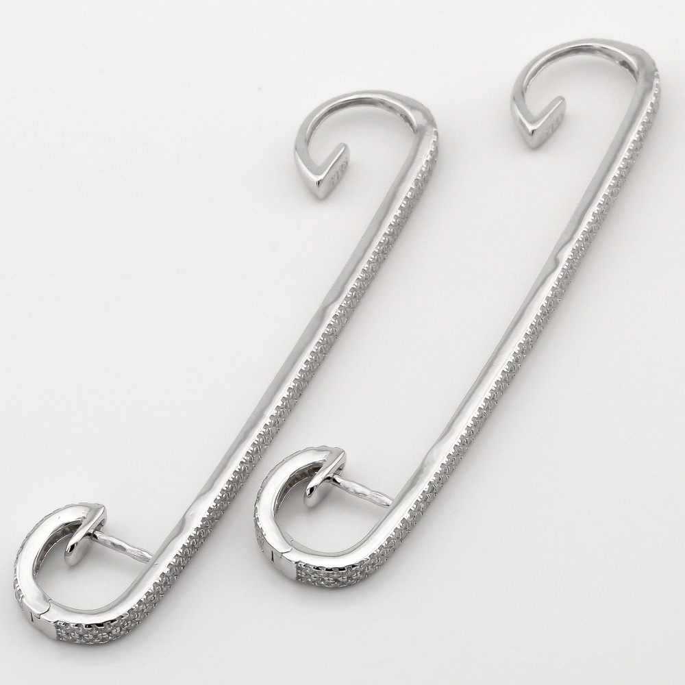 Срібні сережки палички з фіанітами на все вухо Кафи C121360, Білий