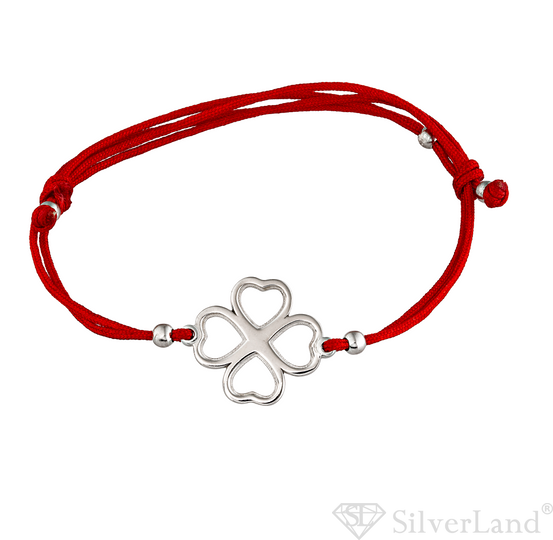 Браслет красная нить с серебром "Клевер" (четырехлистник) без вставок c41046-H, Красный