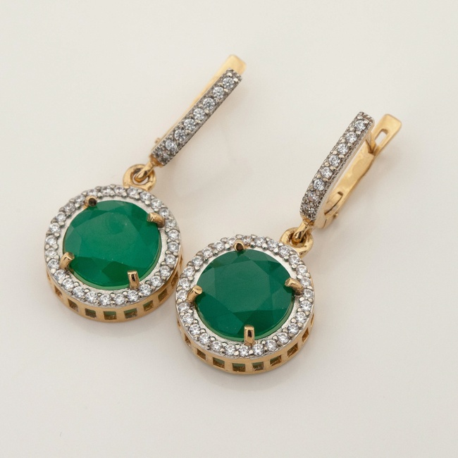 Золоті сережки-підвіски Кола з зеленим оніксом та фіанітами 12919go, Зелений