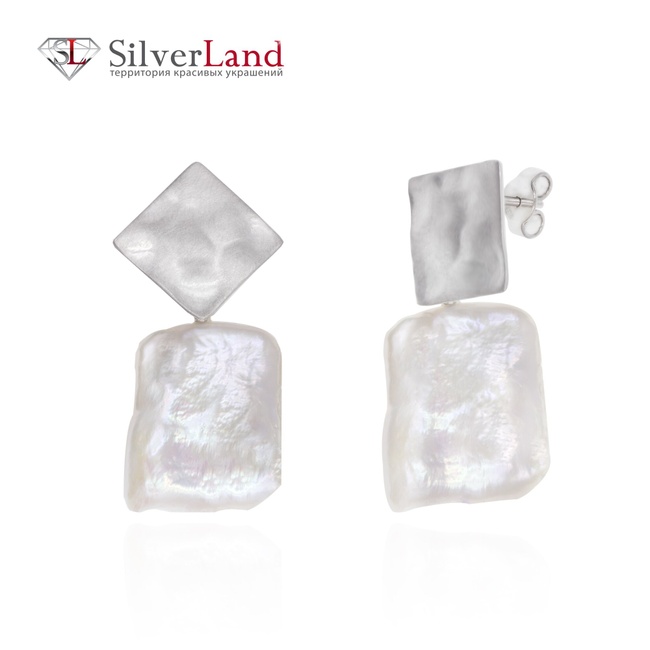 Серебряные серьги-подвески квадратные с речным жемчугом барокко (Ромб и Жемчуг) Арт. ms324, Перламутровый