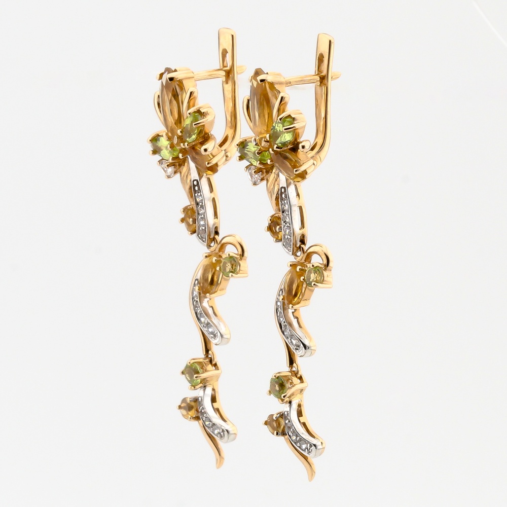 Золоті сережки висячі Гілочка з цитринами та хризолітами 12329citrch, Жовтий|Зелений