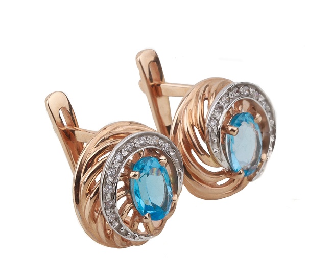 Золоті сережки круглої форми з блакитним топазом та фіанітами 12941, Блакитний