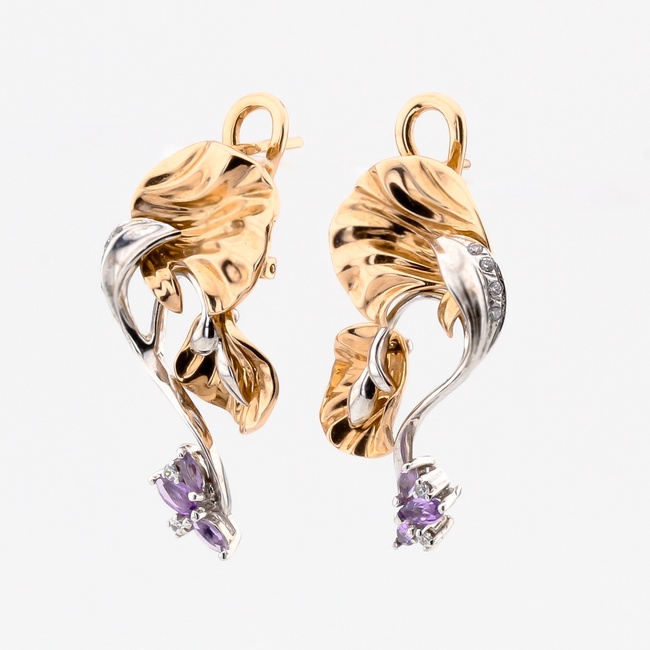 Золоті сережки висячі з аметистами та фіанітами 12285am-22, Фіолетовий