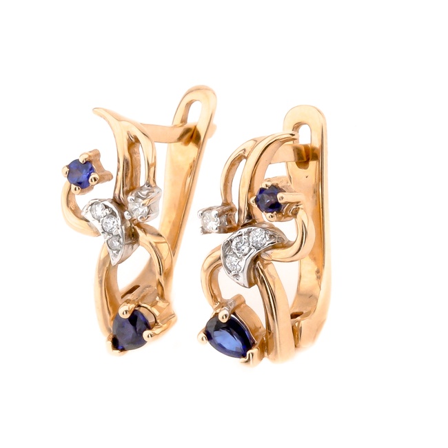 Золоті сережки фігурні з сапфірами та діамантами з англійським замком KP18277, Синій